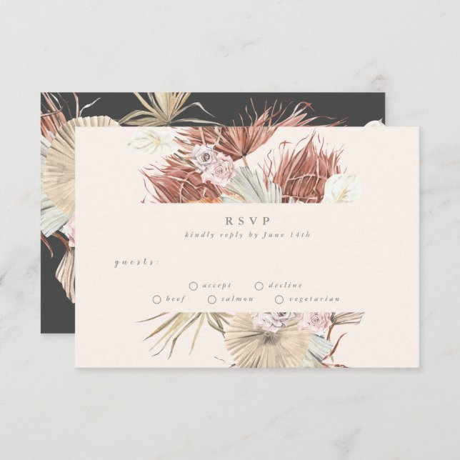 Cartão RSVP Carvão e Cremes | Casamento Floral Pampas Grass (Frente/Verso)