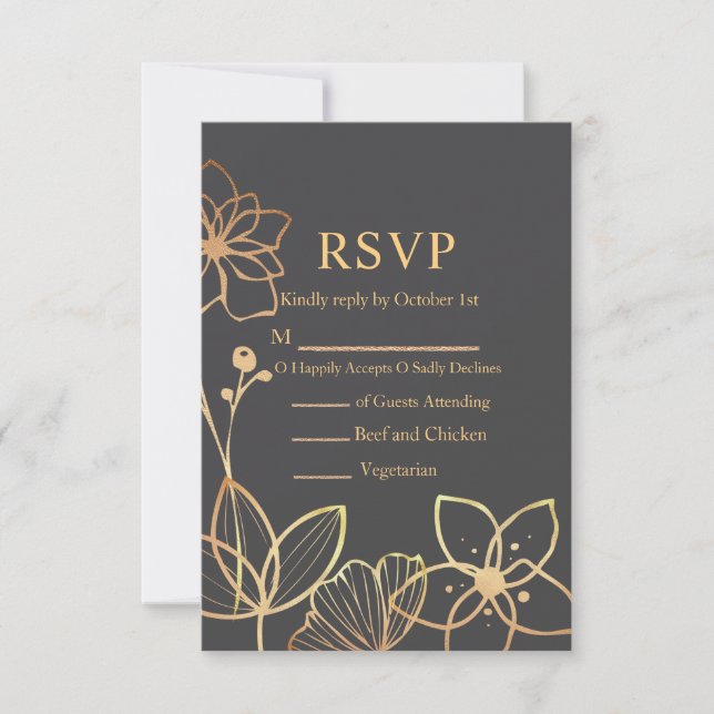 Cartão RSVP Carvão e Dourado Casamento (Frente)