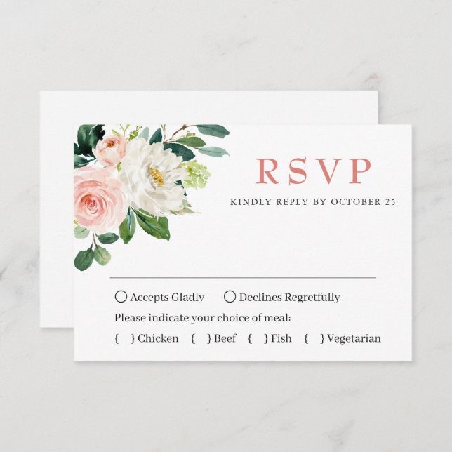 Cartão RSVP CASA DE MESA CHOICE Pink Blush Flowers Greenery We (Frente/Verso)