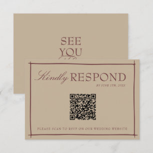 Cartão RSVP Casaco de Camelo Chique Código QR Casamento Rubine