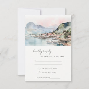 Cartão RSVP Casal de casamento em paisagem aquarela de Kauai n