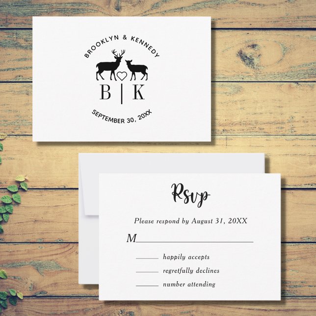 Cartão RSVP Casal Deer Monograma Rustic Country Wedding (Criador carregado)