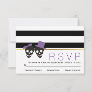 Cartão RSVP casal do crânio stripes roxo Casamento de Hallowe