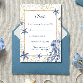 Cartão RSVP Casamento à Beira-Mar Azul Naval Dourado