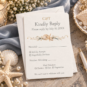 Cartão RSVP Casamento à Beira-Mar com Estrelas-do-Mar e Concha