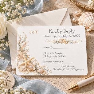 Cartão RSVP Casamento à Beira-Mar com Estrelas-do-Mar e Concha