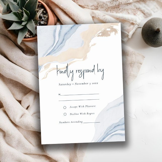 Cartão RSVP Casamento abstrato Blue Beige Sea Beach Watercolor (Criador carregado)