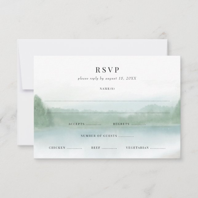 Cartão RSVP Casamento Abstrato de Aquarela Suave de Lago e Árv (Frente)