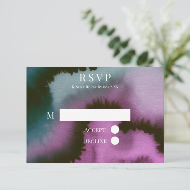 Cartão RSVP Casamento Abstrato Roxo e Turquesa (Em pé/Frente)