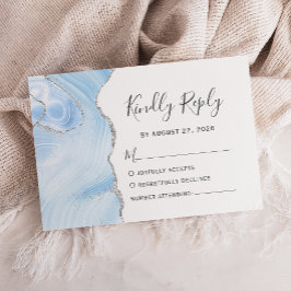 Cartão RSVP Casamento Ágata Azul Bebê Prata Aquarela Moderno