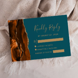 Cartão RSVP Casamento Ágata Dourada Teal Laranja Queimada