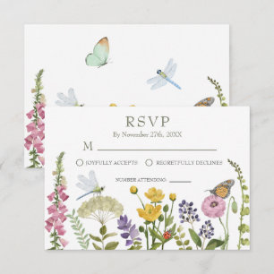 Cartão RSVP Casamento Aquarela Flor Silvestre Borboleta Libélu