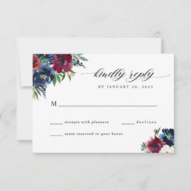 Cartão RSVP Casamento Aquarela Floral Azul Marinho Borgonha (Frente)
