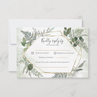 Cartão RSVP Casamento aquarela geométrico dourado boho verdeja