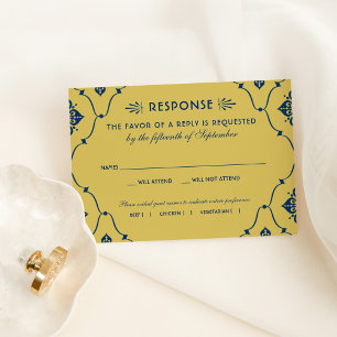 Cartão RSVP Casamento Art Déco Vintage Azul Marinho Dourado