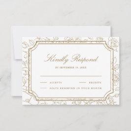 Cartão RSVP Casamento Artístico de Linha Floral Branca e Doura
