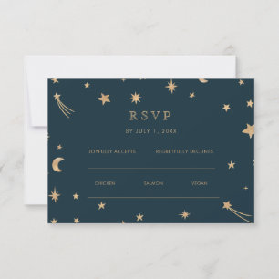 Cartão RSVP Casamento Astronomia Lua Estrelas Douradas Mística