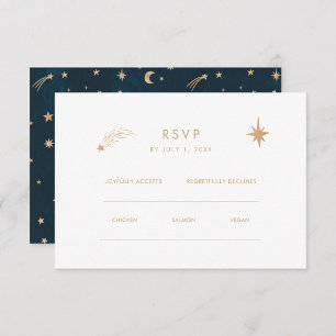 Cartão RSVP Casamento Astronomia Lua Estrelas Douradas Mística