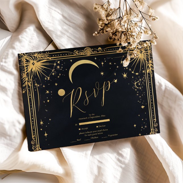 Cartão RSVP Casamento Astronomia Sol Lua Dourado Celestial (Criador carregado)