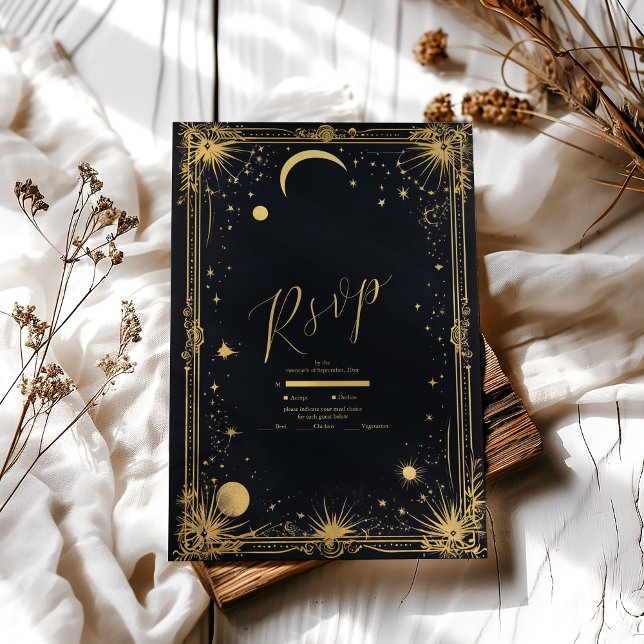 Cartão RSVP Casamento Astronomia Sol Lua Dourado Celestial (Criador carregado)