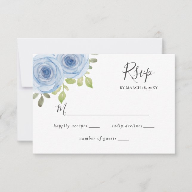 Cartão RSVP Casamento Azul com Derramamento Floral Rustic Wate (Frente)