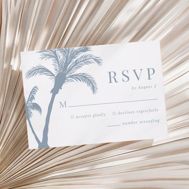 Cartão RSVP Casamento Azul com Derrame de Praia Tropical Palm  (Criador carregado)
