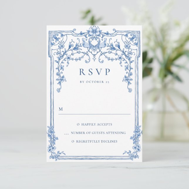 Cartão RSVP Casamento Azul com Grace Floral Dusty, Ornamentado (Em pé/Frente)