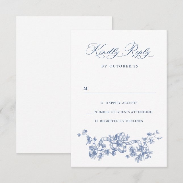Cartão RSVP Casamento Azul com Grace Floral Dusty, Ornamentado (Frente/Verso)
