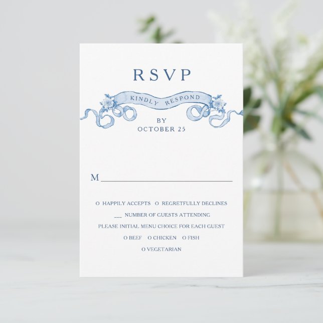 Cartão RSVP Casamento Azul com Grace Floral Dusty, Ornamentado (Em pé/Frente)