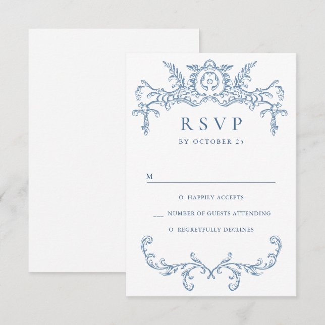 Cartão RSVP Casamento Azul com Grace Floral Dusty, Ornamentado (Frente/Verso)