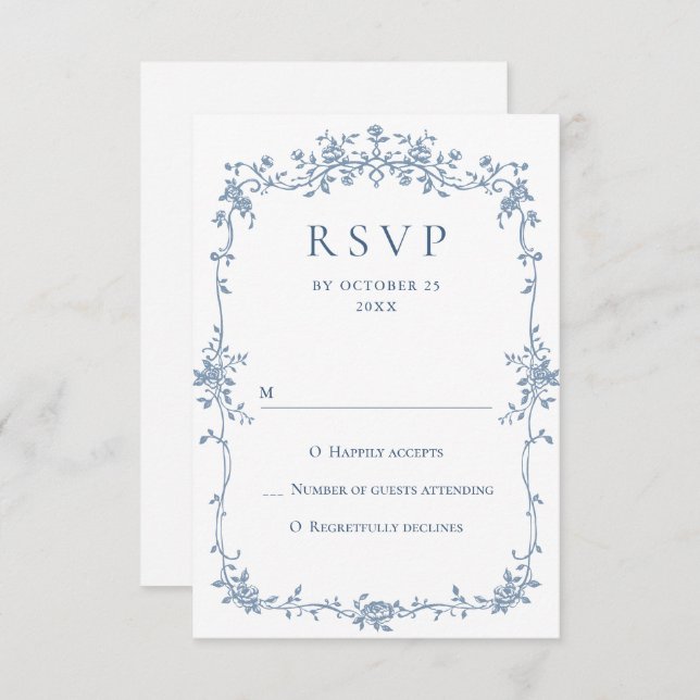 Cartão RSVP Casamento Azul com Grace Floral Dusty, Ornamentado (Frente/Verso)