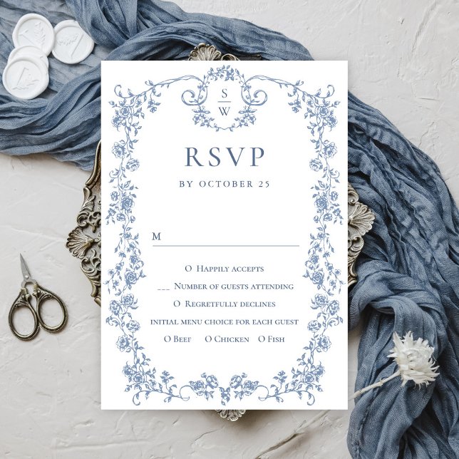 Cartão RSVP Casamento Azul com Grace Floral Dusty, Ornamentado (Criador carregado)