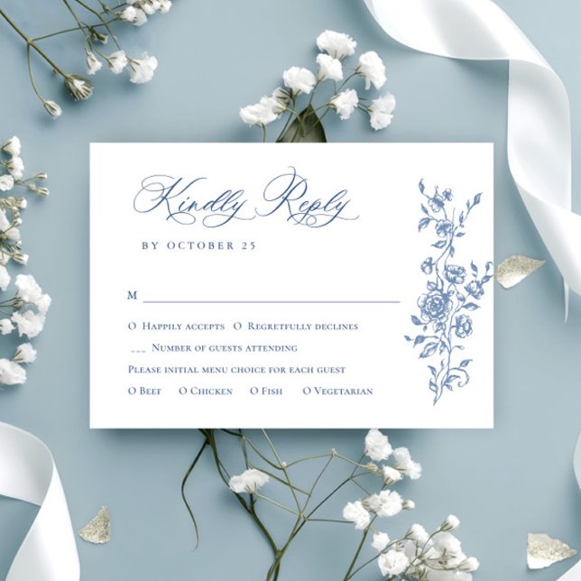 Cartão RSVP Casamento Azul com Grace Floral Dusty, Ornamentado (Criador carregado)