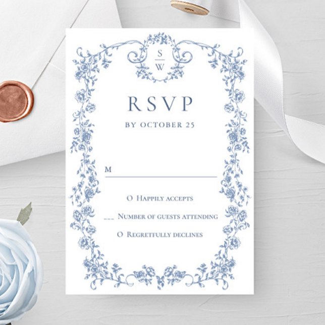 Cartão RSVP Casamento Azul com Grace Floral Dusty, Ornamentado (Criador carregado)
