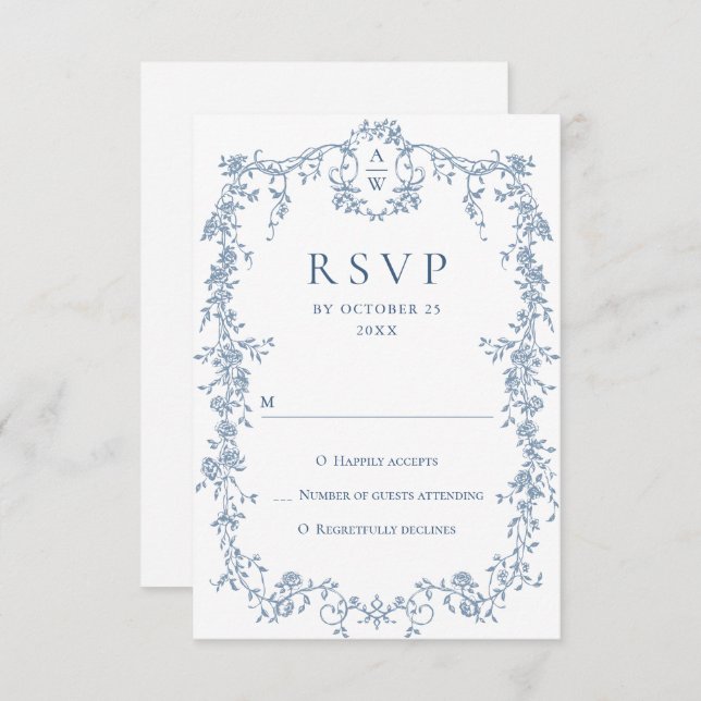 Cartão RSVP Casamento Azul com Grace Floral Dusty, Ornamentado (Frente/Verso)