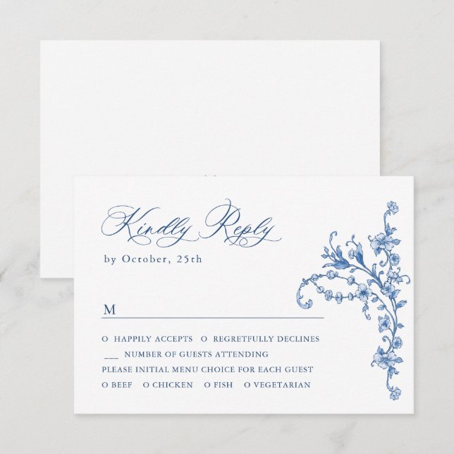 Cartão RSVP Casamento Azul com Grace Floral Dusty, Ornamentado (Frente/Verso)