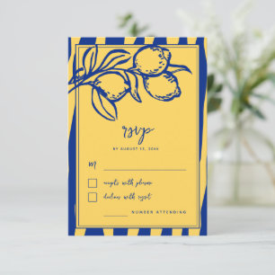Cartão RSVP Casamento Azul com Limão Desenhado à Mão Italiano