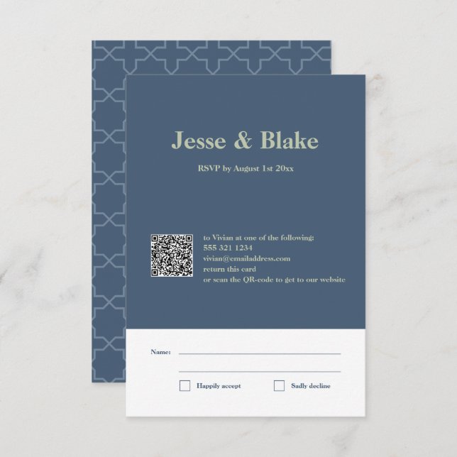 Cartão RSVP Casamento Azul com Padrão de Trabalho de Latência (Frente/Verso)