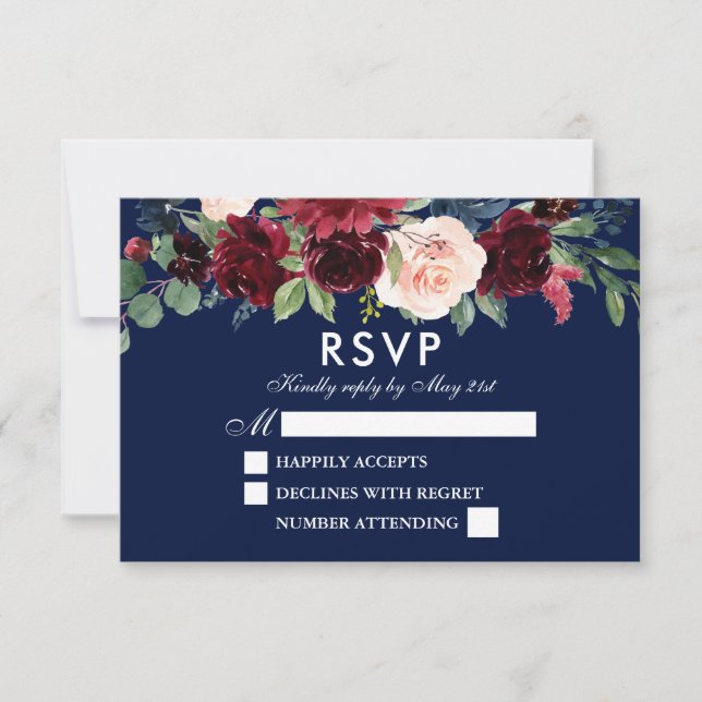 Cartão RSVP Casamento Azul da Borgonha Floral da Aquarela Eleg (Frente)