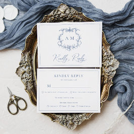 Cartão RSVP Casamento Azul de Crest Floral Barroco Vitoriano