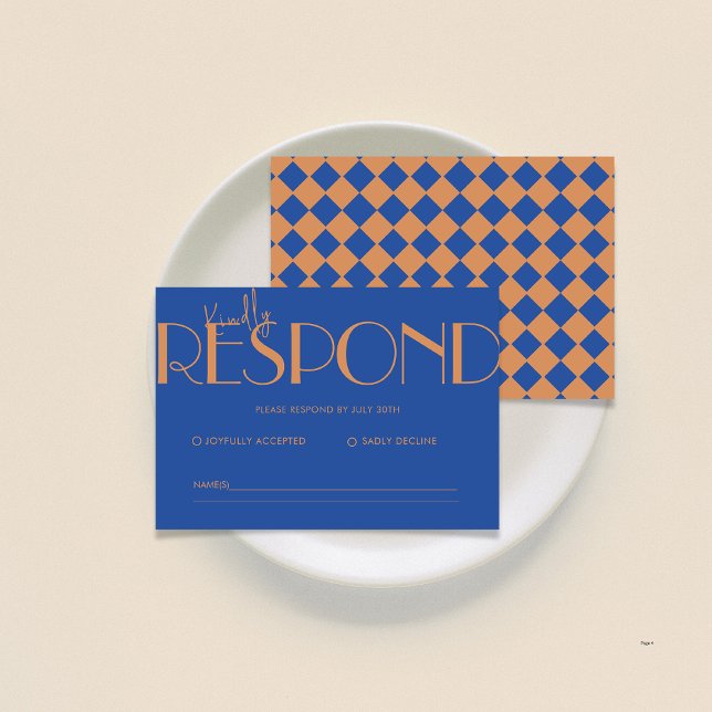 Cartão RSVP Casamento Azul de Padrão Verificado Retrominimalis (Criador carregado)
