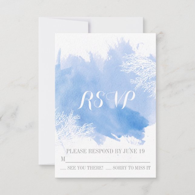 Cartão RSVP Casamento azul de recife de coral de aquarela mode (Frente)