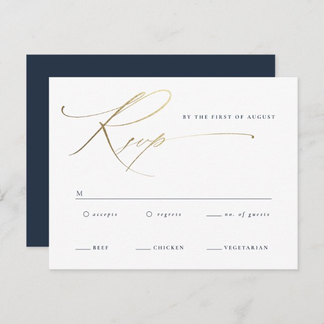 Cartão RSVP Casamento Azul do Marinho de Script Dourado Elegan (Frente/Verso)