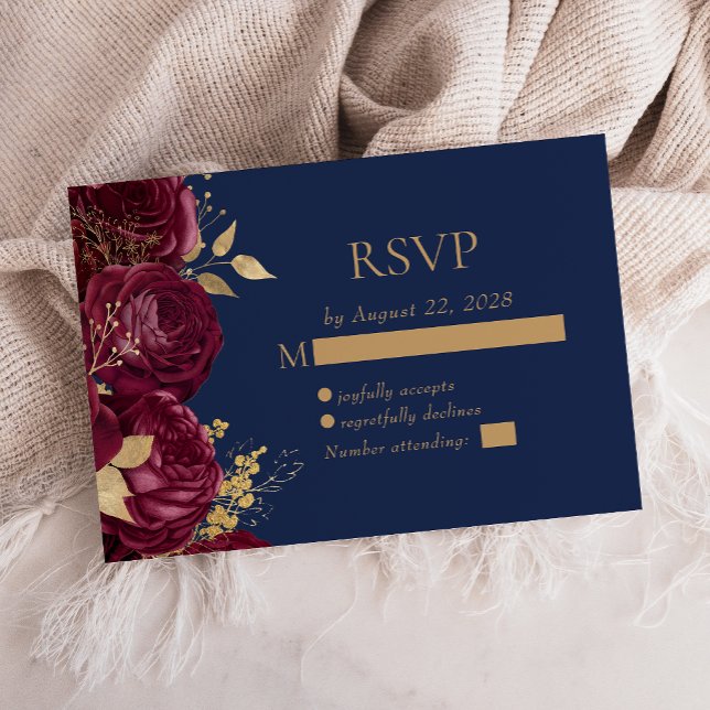 Cartão RSVP Casamento Azul do Marinho Floral Dourado Elegante  (Criador carregado)