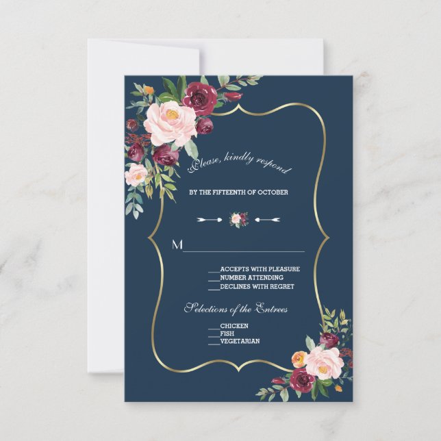 Cartão RSVP Casamento Azul Dourado Floral Rosa Brilhante (Frente)