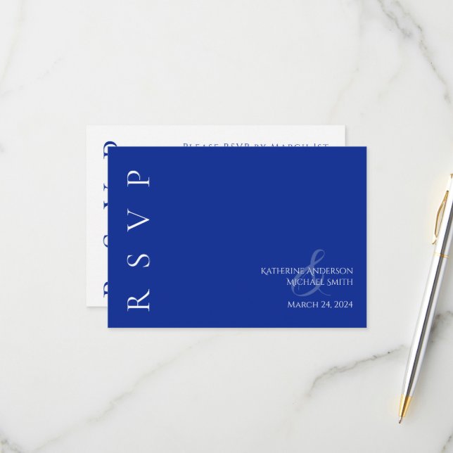 Cartão RSVP Casamento Azul e Branco Moderno (Frente/Verso In Situ)