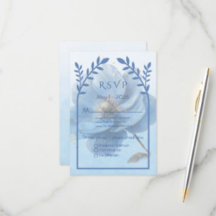 Cartão RSVP Casamento Azul e Dourado Minimalista Moderno