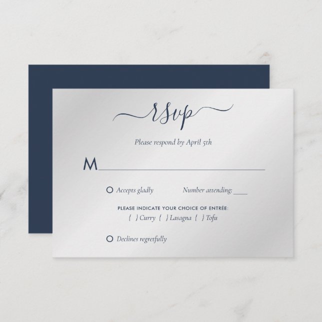 Cartão RSVP Casamento Azul e Prata do Marinho Moderno (Frente/Verso)