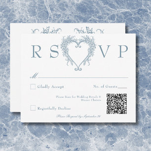 Cartão RSVP Casamento Azul Elegante Vintage Chinoiserie Coraçã
