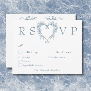 Cartão RSVP Casamento Azul Elegante Vintage Chinoiserie Coraçã